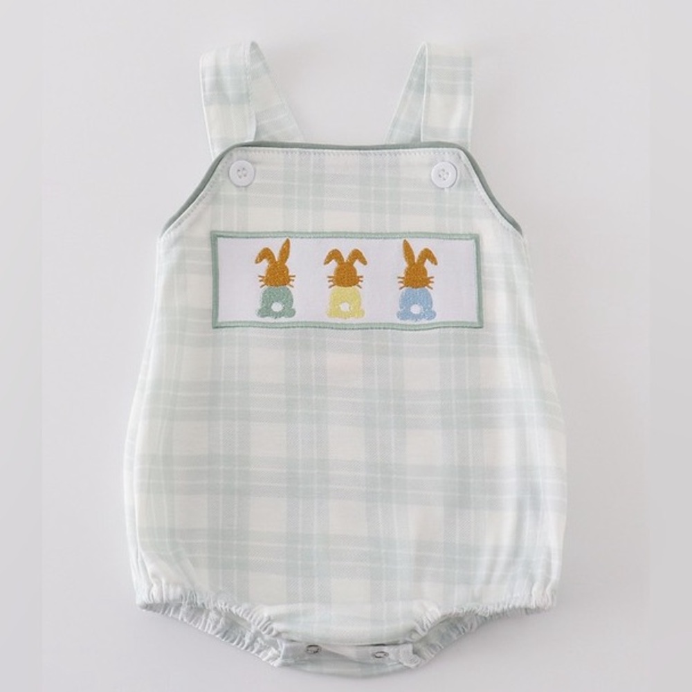 Abby & Evie Infant 6 Months Green Plaid Bunny Embroidered Bubble Romper‎ Easter